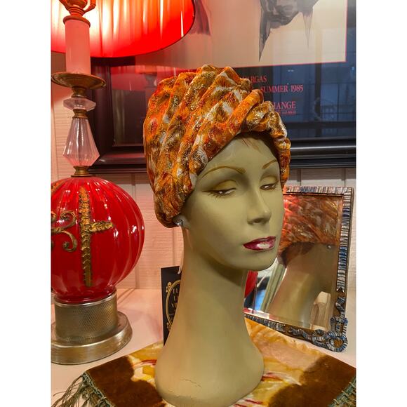 vintage 1960s orange and gold brocade turban 60s hat gathered metallic mod retro - Picture 1 of 7